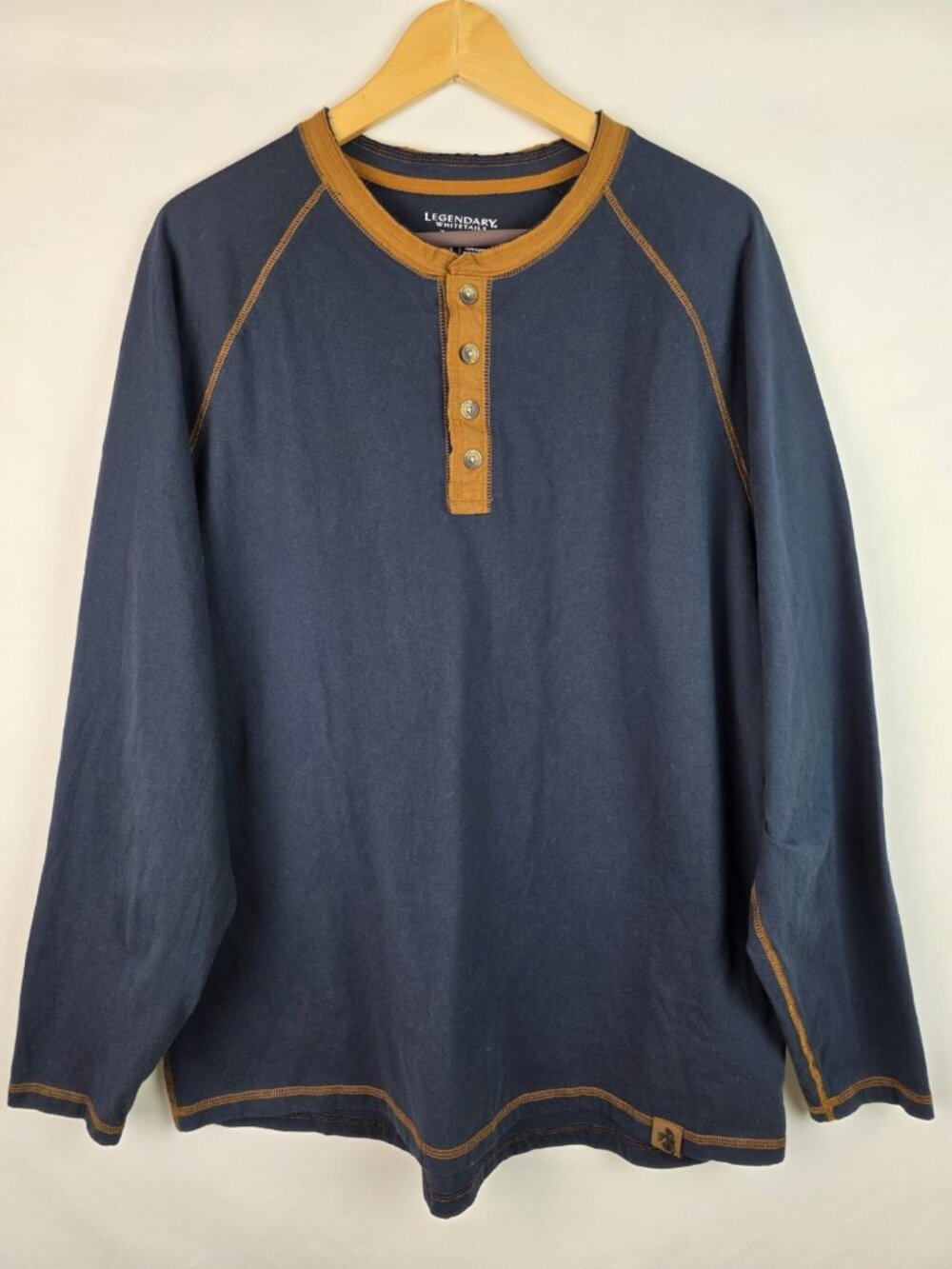 Legendary Whitetails Men's Shirt Size Large Blue Brown Henley Long Sleeve Top